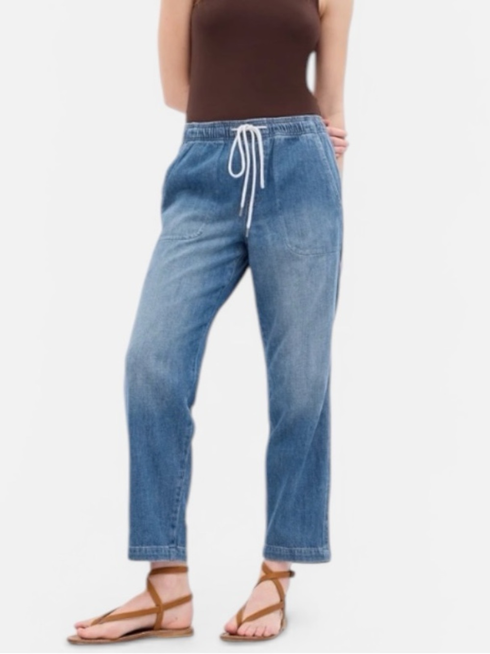 GAP DENIM EASY PANT MEDIUM WASH DRAWSTRING SUPERSOFT DENIM RELAXED FIT SIZE L